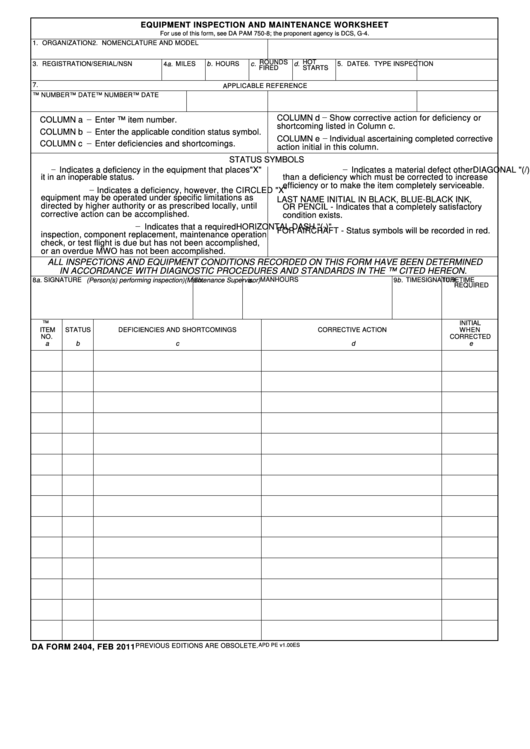 Da Form 2404 - Equipment Inspection And Maintenance Worksheet Printable pdf