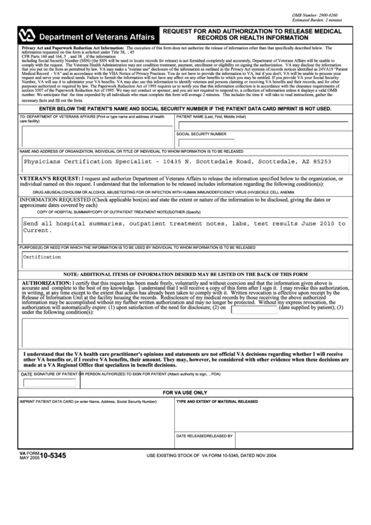 Fillable Form 10-5345 - Request For And Authorization To Release Medical Records Or Health Information Printable pdf