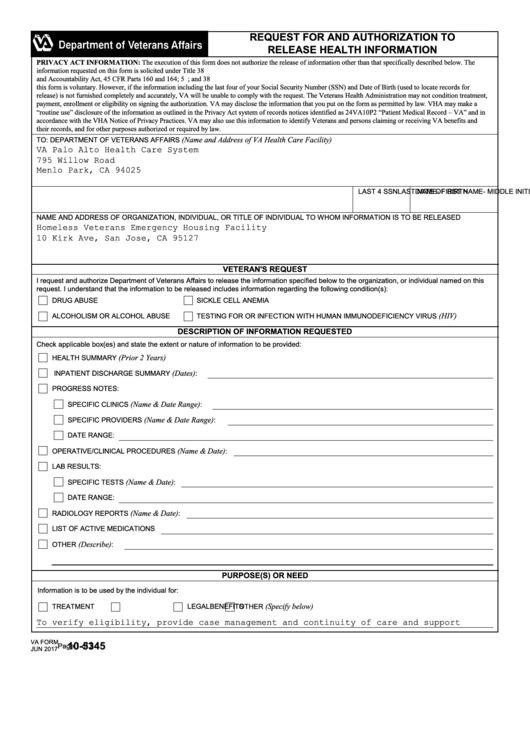 Fillable Form 10-5345 - Request For And Authorization To Release Health Information Printable pdf