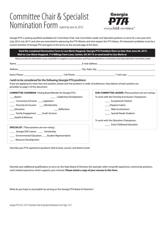 Fillable Committee Chair & Specialist Nomination Form Printable pdf