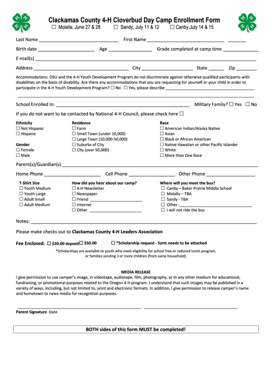 Camp Enrollment Form - Clackamas County 4-H Cloverbud Day Printable pdf
