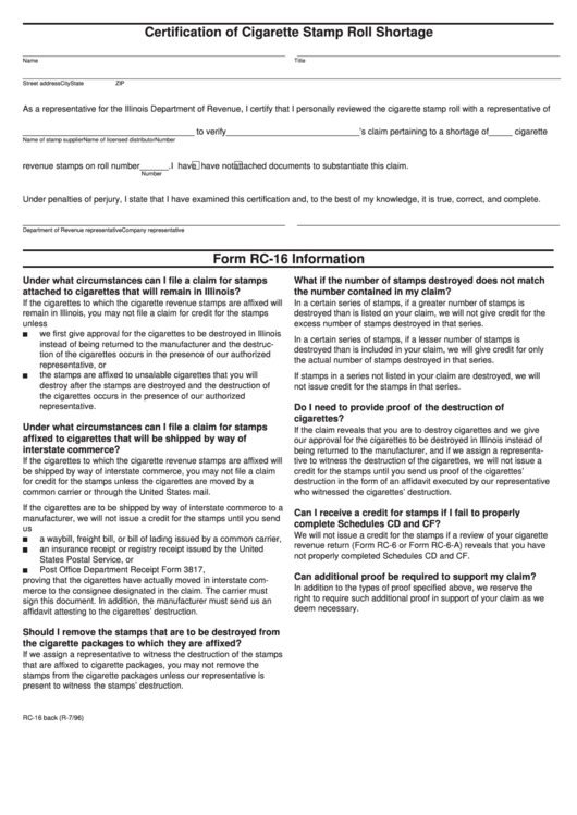 Form Rc-16 - Certification Of Cigarette Stamp Roll Shortage Printable pdf