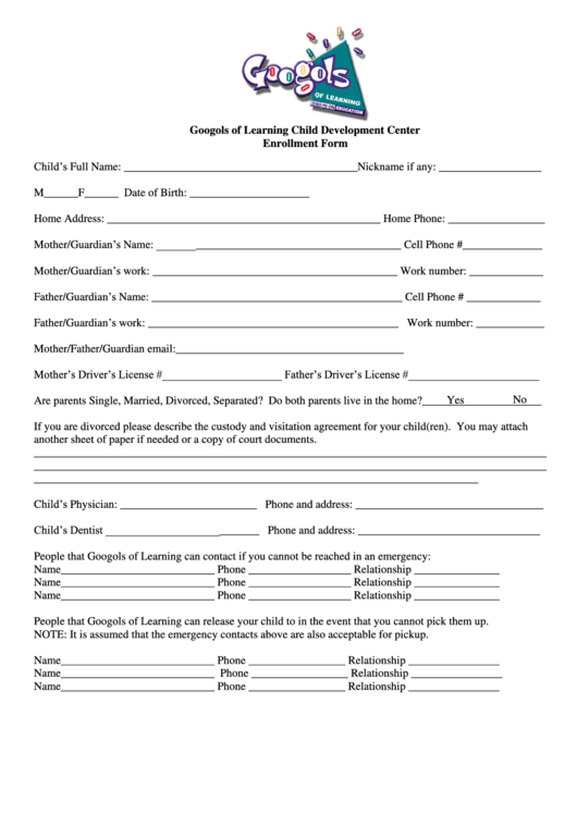 Fillable Enrollment Form - Googols Of Learning Child Development Center Printable pdf