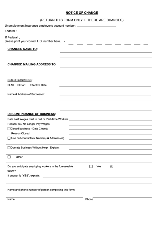 Fillable Ui Form 11-Nc - Notice Of Change Printable pdf