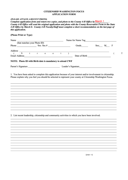 Fillable Form Nj 4-H - Citizenship Washington Focus Application Form Printable pdf