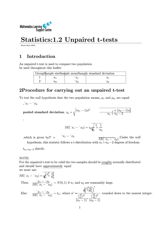 1.2 Unpaired T-Tests Printable pdf