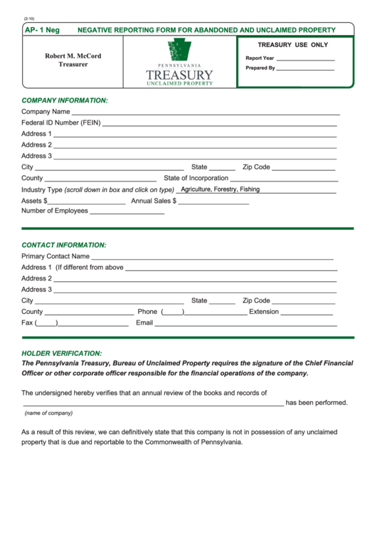 Fillable Form Ap-1 Neg - Negative Reporting Form For Abandoned And Unclaimed Property Printable pdf