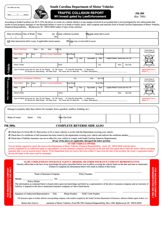 Form Fr-309 - Traffic Collusion Report Printable pdf