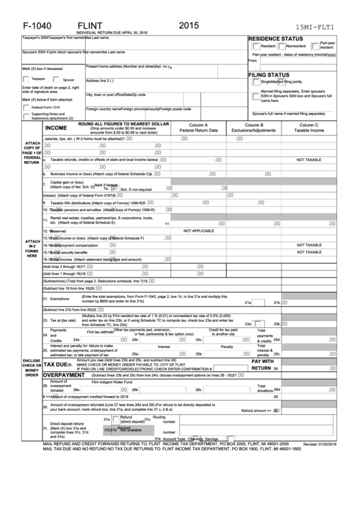 Fillable Form F-1040 - City Of Flint Individual Income Tax Return - 2015 Printable pdf