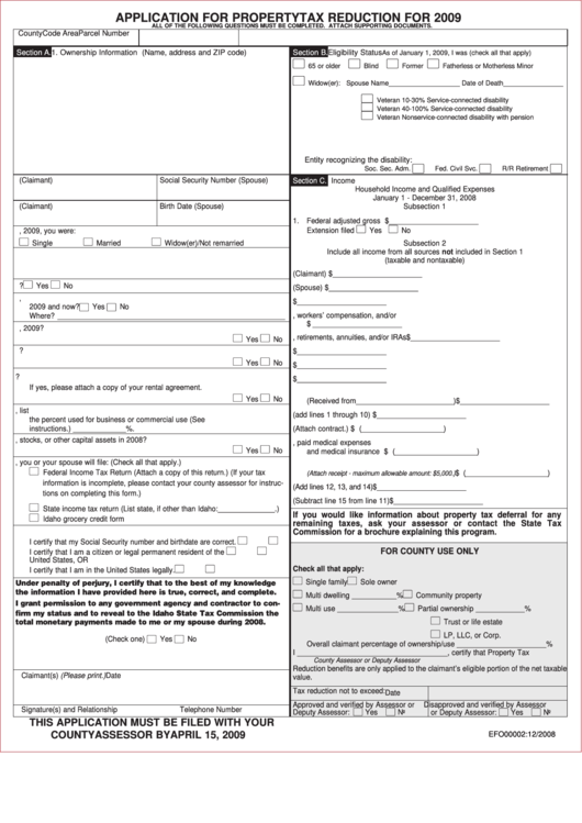 Application For Property Tax Reduction - Idaho County Assessor - 2009 Printable pdf