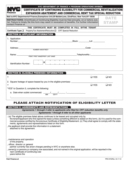 Form Pro-9703 - Certificate Of Continuing Eligibility For Commercial Revitalization/expansion Abatement And Commercial Rent Tax Special Reduction - Nyc Department Of Finance Printable pdf