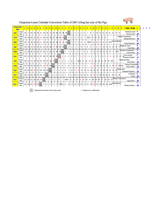 Gregorian Lunar Calendar Conversion Table Of 2067 Printable pdf