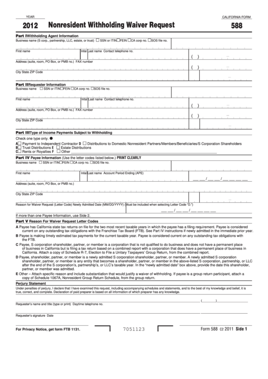 Form 588 - Nonresident Withholding Waiver Request - 2012
