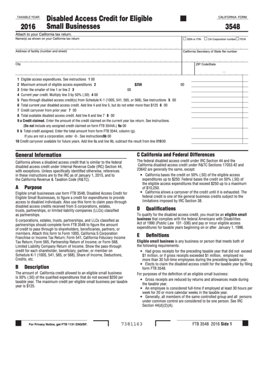 Fillable Form Ftb 3548 - Disabled Access Credit For Eligible Small Businesses - 2016 Printable pdf