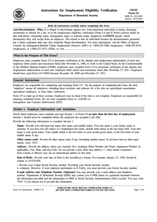 Form I-9 - Employment Eligibility Verification - U.s. Citizenship And Immigration Services Printable pdf