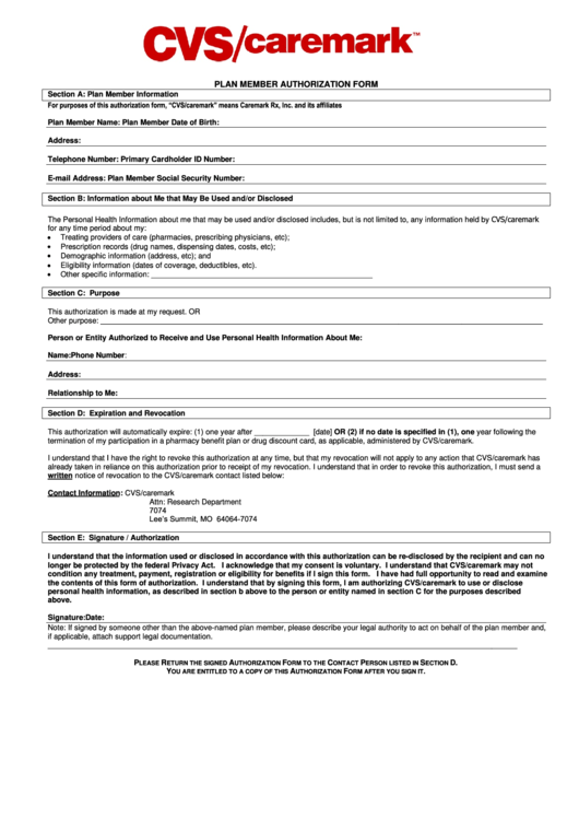 Plan Member Authorization Form Cvs/caremark printable pdf download