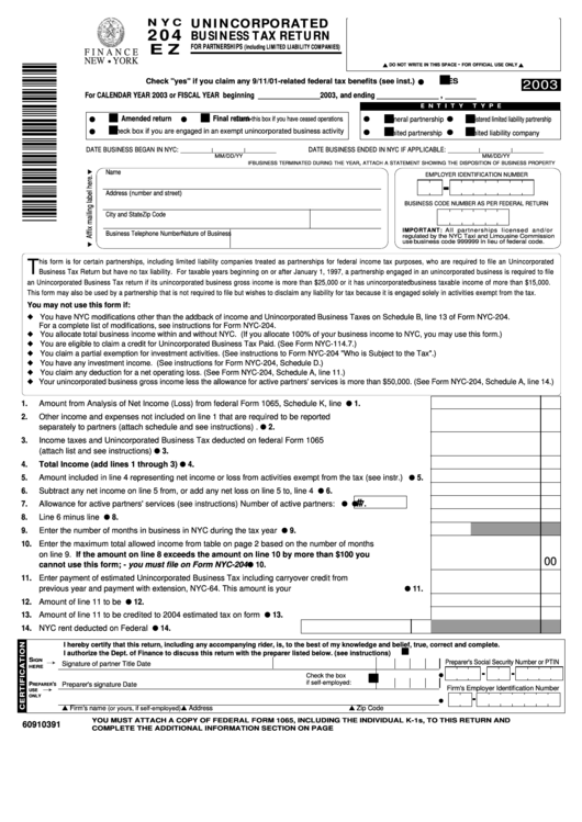 Fillable Form Nyc-204ez - Unincorporated Business Tax Return For Partnerships - 2003 Printable pdf
