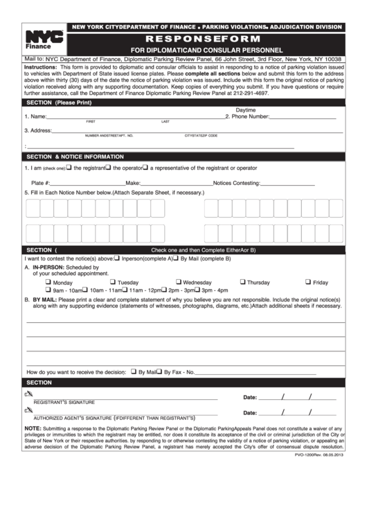 Response Form For Diplomatic And Consular Personnel - Nyc Department Of Finance Printable pdf