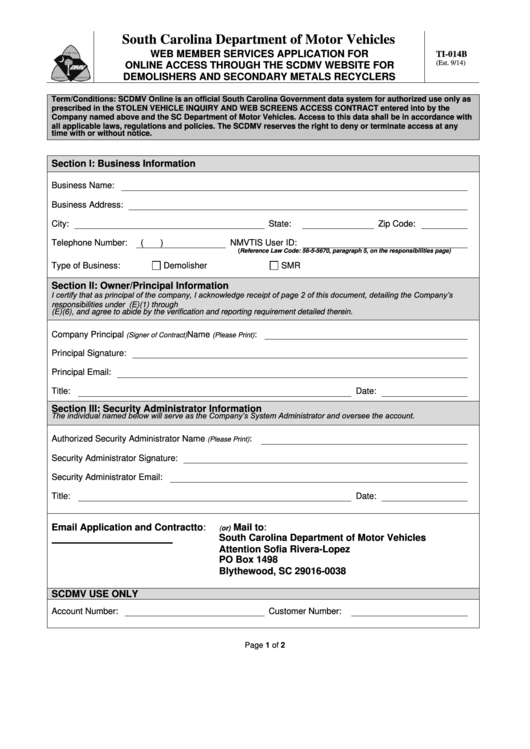 Fillable Form Ti-014b - Web Member Services Application For Online Access Through The Scdmv Website For Demolishers And Secondary Metals Recyclers - South Carolina Department Of Motor Vehicles Printable pdf