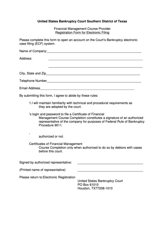 Fillable Registration Form For Electronic Filing - United States Bankruptcy Court Southern District Of Texas Printable pdf
