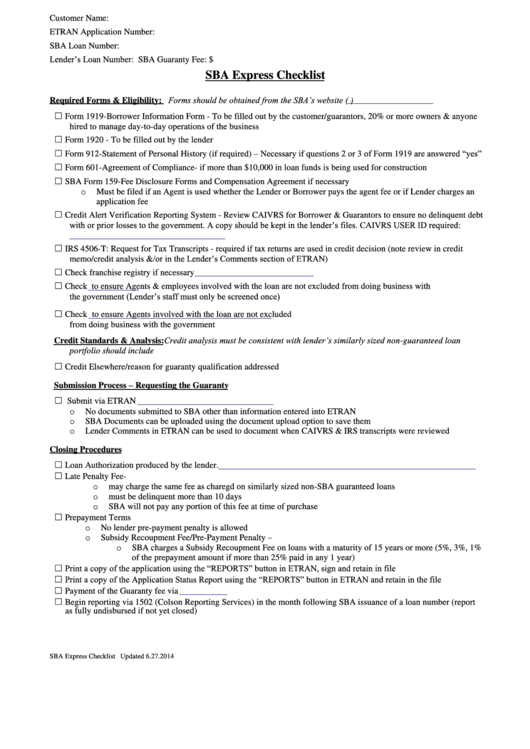 Sba Express Checklist Printable pdf