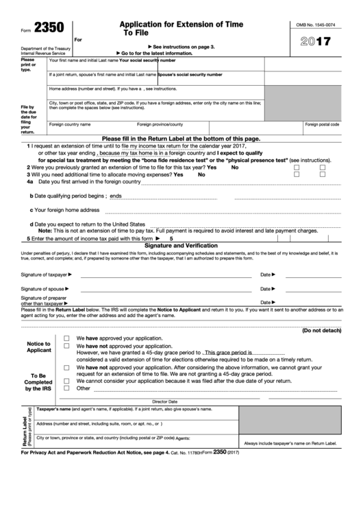 Form 2350 - Application For Extension Of Time To File U.s. Income Tax Return - 2017