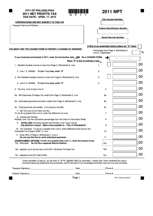 Form Npt - Net Profits Tax - City Of Philadelphia - 2011 Printable pdf