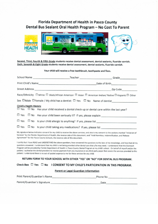 Dental Bus Sealant Oral Health Program - No Cost To Parent - Florida Department Of Health In Pasco County Printable pdf