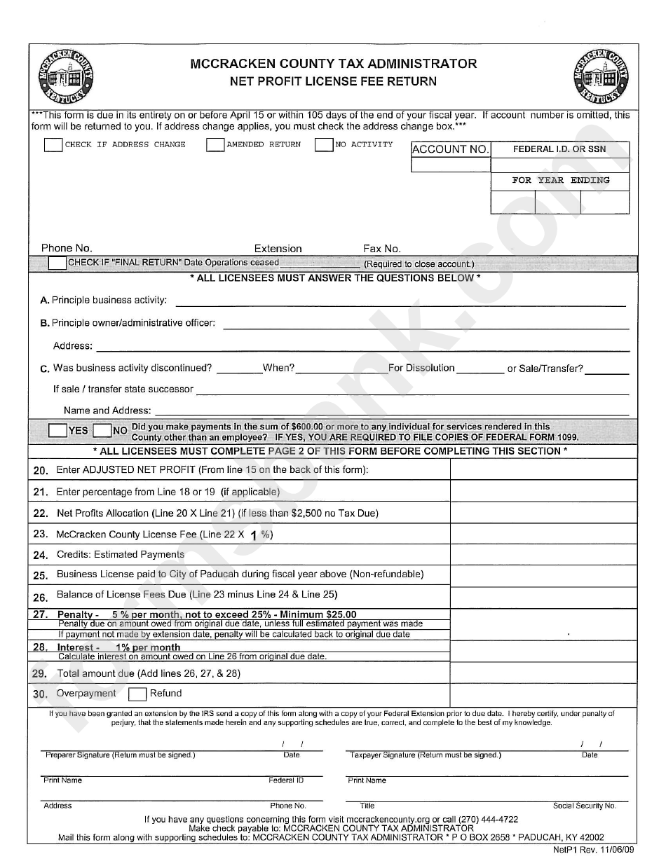 Form Netp2 - Net Profit License Fee Return - Mccracken County Tax Administrator