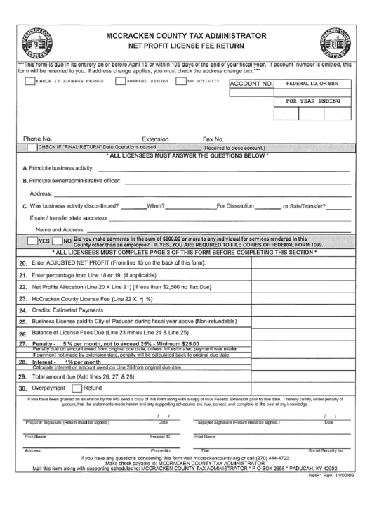 Form Netp2 - Net Profit License Fee Return - Mccracken County Tax Administrator Printable pdf