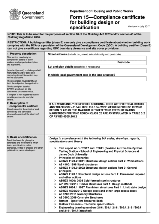 Form 15 - Compliance Certificate For Building Design Or Specification - Queensland Department Of Housing And Public Works Printable pdf