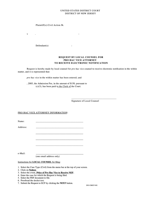 Form Dnj-cmecf-002 - Request By Local Counsel For Pro Hac Vice Attorney To Receive Electronic Notification