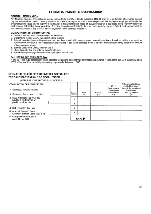 Estimated Toledo City Income Tax Worksheet For Calendar Year 2015 Or Fiscal Period Printable pdf