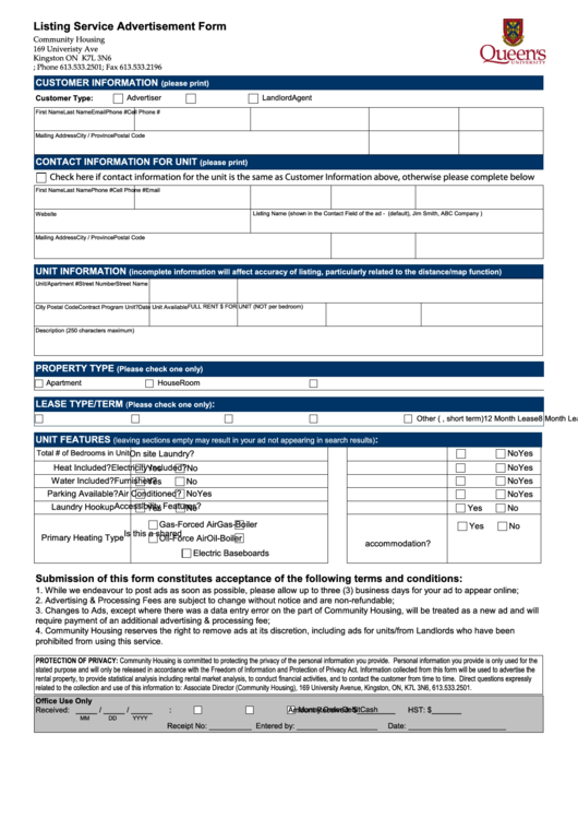 Fillable Listing Service Advertisement Form - Ontario Community Housing Printable pdf