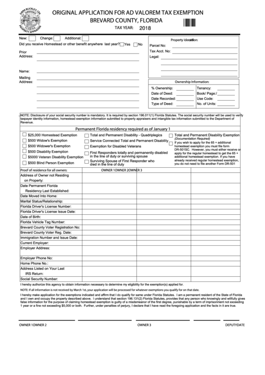 Original Application For Ad Valorem Tax Exemption - Florida Department Of Revenue - 2018