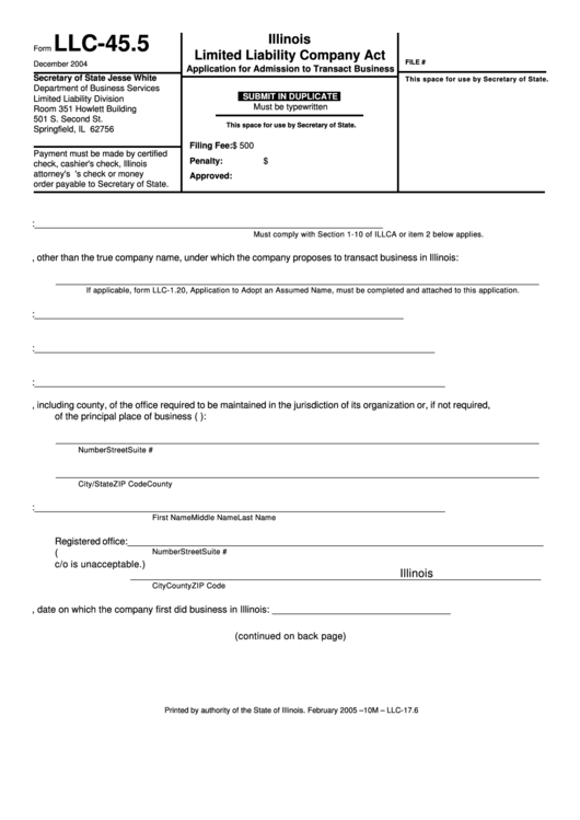 Form Llc-45.5 - Application For Admission To Transact Business Printable pdf