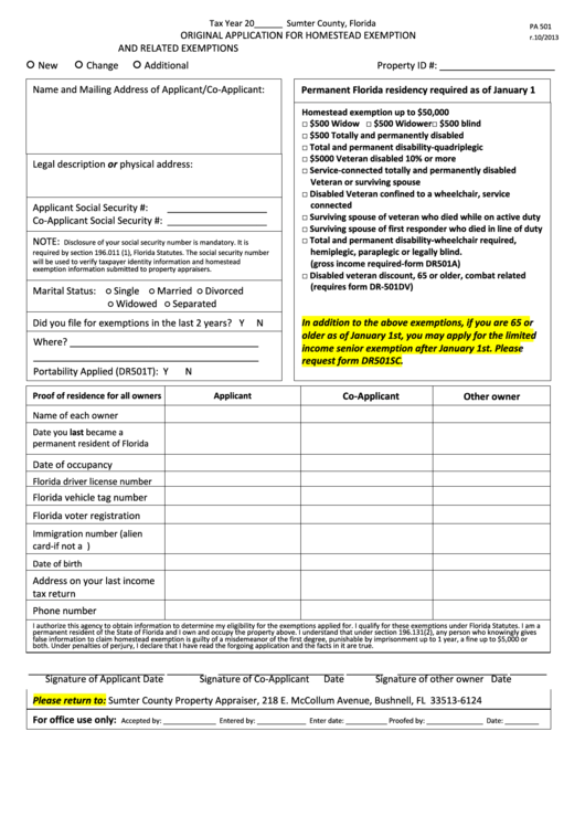 Fillable Form Pa 501 - Original Application For Homestead Exemption And Related Exemptions Printable pdf
