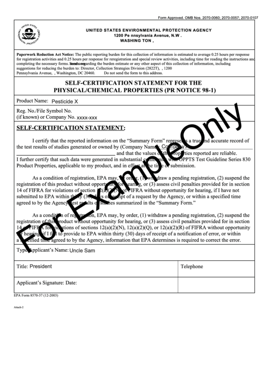 Epa Form 8570-37 - Self-Certification Statement For The Physical/chemical Properties - Example Printable pdf