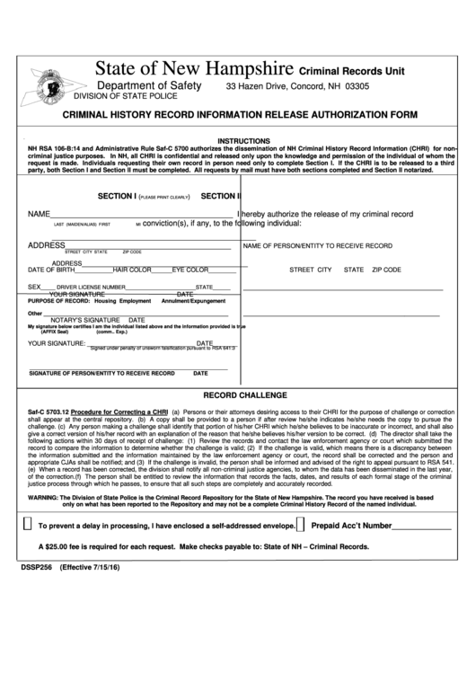 Form Dssp256 - Criminal History Record Information Release Authorization Form