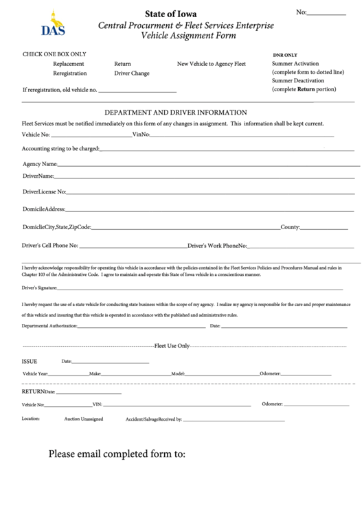 Fillable Vehicle Assignment Form - State Of Iowa Printable pdf