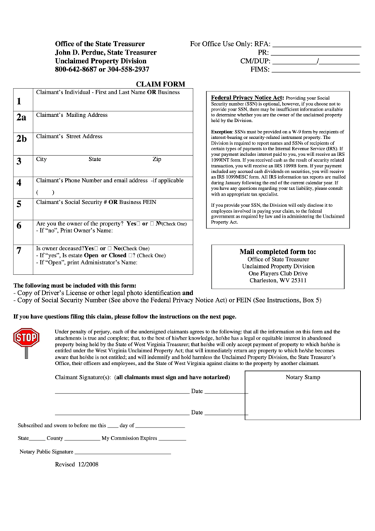 Claim Form - Office Of The State Treasurer John D. Perdue, State Treasurer Printable pdf