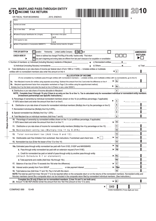 Form 510 - Maryland Pass-through Entity Income Tax Return - 2010