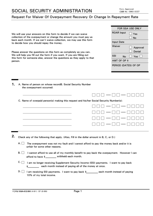Form Ssa-632-Bk - Request For Waiver Of Overpayment Recovery Or Change In Repayment Rate Printable pdf
