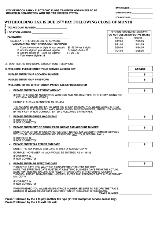 Form Bpeftw-1 - Withholding Tax - City Of Brook Park Printable pdf