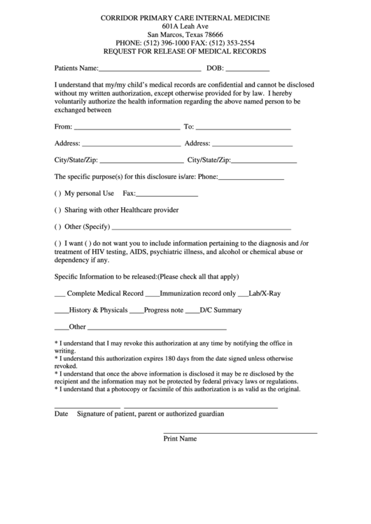 Corridor Primary Care Internal Medicine Request For Release Of Medical Records Form Printable pdf