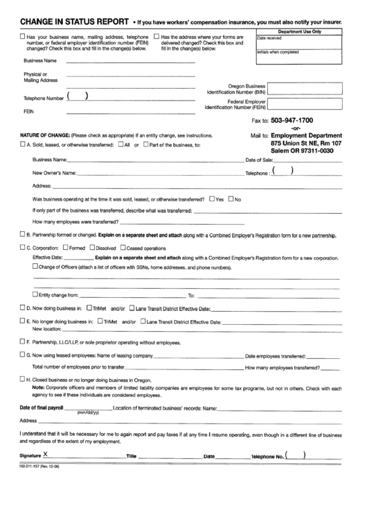 Form 150-211-157 - Change In Status Report Printable pdf