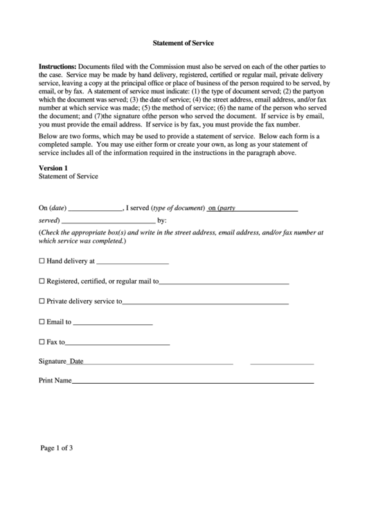 Statement Of Service Form Printable pdf