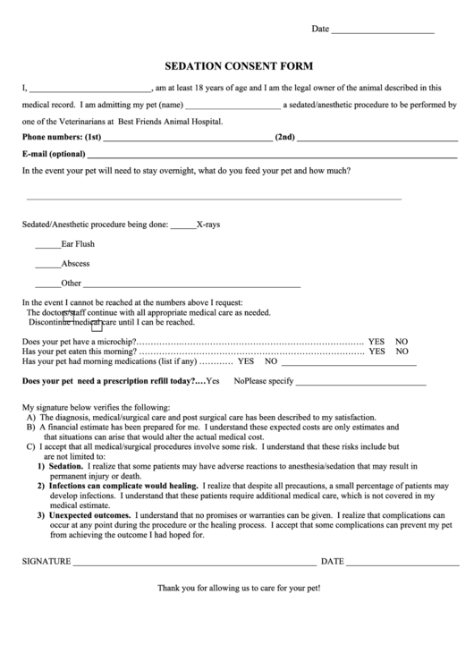 Sedation Consent Form Printable pdf