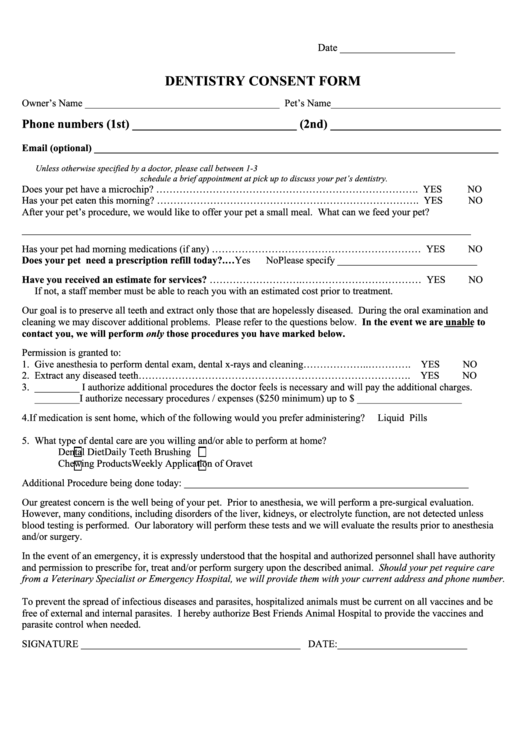 Dentistry Consent Form Printable pdf