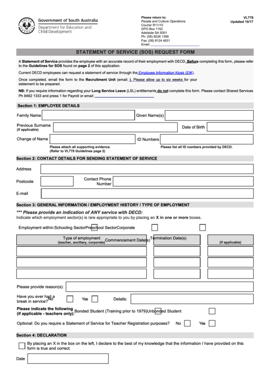 Fillable Form Vl778 - Statement Of Service (Sos) Request Form Printable pdf